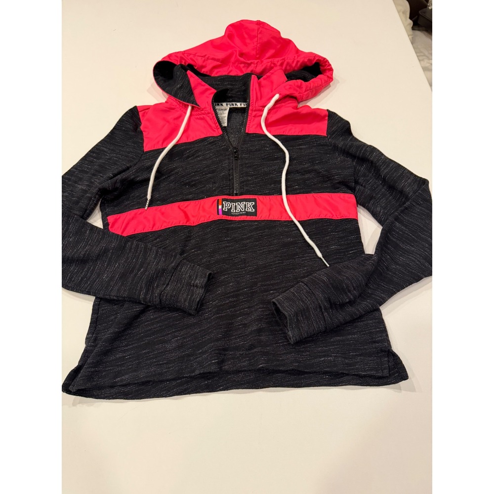 Victoria's Secret PINK XS Black Neon Pink Half Zip Hoodie Varsity Sporty Y2K